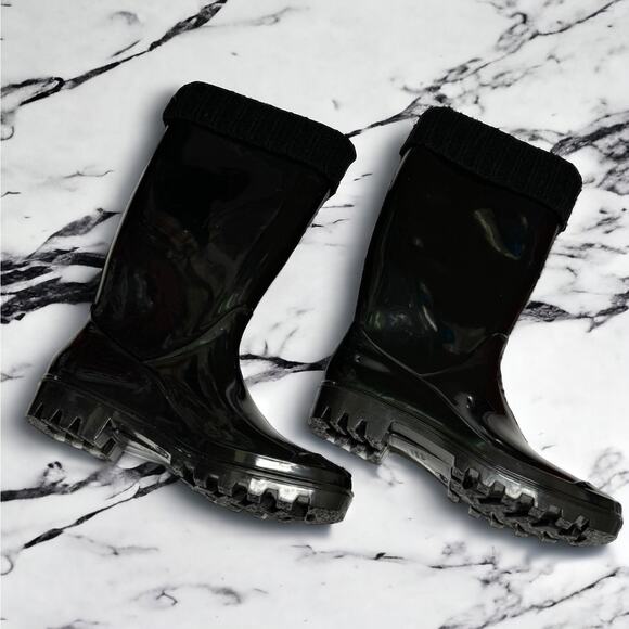 dav Womens Boots Sz 8 US 38 EU Black Rain Boots Sweater Trim Fleece Inside NEW - Picture 1 of 8